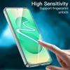 A hand is touching a smartphone screen, with text overlay indicating high sensitivity and fingerprint unlock support. Produktbild-Vorschau