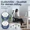 A woman is sitting at a desk in an office, working on a computer. The image also features marketing text and icons. Produktbild-Vorschau