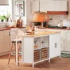 A modern kitchen with a white and natural wood kitchen island, bar stools, and various kitchen items. Náhľad obrázku produktu