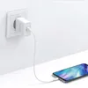 A white USB wall charger plugged into a white wall socket, with a white cable connecting it to a smartphone. Anteprima dell’immagine prodotto