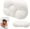 A collage of images showing a white pillow designed for neck support, with one image featuring a woman sleeping on it. Produktbild-Vorschau