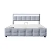 A light gray upholstered bed frame with a tufted headboard and footboard, shown from the front with the mattress slats visible. Voir les images du produit