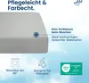 A close-up of a light gray fitted sheet with marketing text and icons highlighting its features. Produktbild-Vorschau