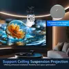 A projector mounted on the ceiling, projecting an image onto a large screen in a modern living room setting. Produktbild-Vorschau