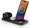 A black wireless charging pad with a smartphone, smartwatch, and earbuds on it. The smartphone is displaying a charging animation. Voir les images du produit