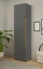 A tall, narrow cabinet with a wood accent is shown in a room with a plant and a tote bag. Produktbild-Vorschau
