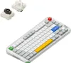 A mechanical keyboard and two keyboard switches are shown against a white background. Produktbild-Vorschau