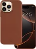 A brown leather iPhone case is shown next to an iPhone displaying the time and date. Produktbild-Vorschau