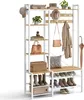A white and wood coat rack and shoe bench with various items displayed on it. Náhled obrázku produktu