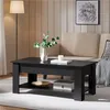 A black coffee table with storage is shown in a living room setting. Produktbild-Vorschau