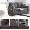 A collage of images showing a gray sofa bed, with close-ups of its features like USB charging, side pockets, and a cup holder. Voir les images du produit
