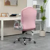 A pink office chair is shown from the back, placed in a home office setting next to a desk. Produktbild-Vorschau