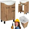 A collage of images showing a bathroom vanity set, a close-up of the vanity, a disassembled view of the vanity, a corner sink, and a person wearing a hard hat and holding a drill. Podgląd zdjęcia produktu