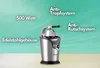 A silver electric citrus juicer is shown against a teal and white background with descriptive text. Náhled obrázku produktu
