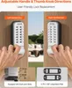 A split image showing a mechanical keypad lock being installed on a door for both left-handed and right-handed doors, with close-ups of dimensions and latch bolts. Náhled obrázku produktu