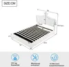 A diagram of a white bed frame with dimensions and icons indicating features. Náhľad obrázku produktu