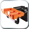 A close-up view of an open orange toolbox tray extended from a black toolbox. Produktbild-Vorschau