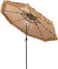 A rectangular patio umbrella with a tan fabric canopy and a thatched fringe around the edge. It has solar-powered LED lights embedded along the ribs of the canopy. The umbrella is shown from a low angle, with the pole extending downwards. Podgląd zdjęcia produktu