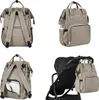 A collage of images showing a beige diaper bag from different angles and attached to a stroller. Produktbild-Vorschau