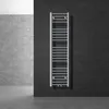 A modern bathroom with a chrome towel radiator mounted on a dark tiled wall. Náhled obrázku produktu