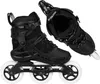 A pair of black inline skates with white wheels, shown against a white background. One skate is fully assembled and upright, while the other is shown with its boot detached from the frame and tilted. Produktbild-Vorschau
