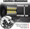 A telescopic ladder is stored in the trunk of a car, with a close-up of aluminum tubes. Produktbild-Vorschau