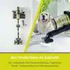 A split image showing a cordless vacuum cleaner mounted on a wall charger on the left, and a close-up of the vacuum cleaner head cleaning a white surface with a golden retriever dog in the background on the right. Produktbild-Vorschau