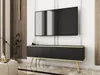 A modern living room with a TV mounted on the wall above a black and gold TV stand. Produktbild-Vorschau
