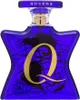 A product shot of a blue perfume bottle with a gold 'Q' and a globe design. Voir les images du produit