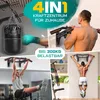 A collage of images showcasing a 4-in-1 home gym system, including a punching bag, pull-up bar, and other exercise equipment, with people demonstrating its use. Produktbild-Vorschau