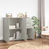 A gray sideboard with doors and drawers is shown in a room with a plant and curtains. Produktbild-Vorschau