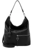 A black leather shoulder bag with a tassel and zipper detail.