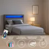A bed with LED lighting in a bedroom setting, with marketing text and icons at the bottom. Produktbild-Vorschau