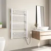 A white electric towel radiator mounted on a light beige wall in a modern bathroom setting. Produktbild-Vorschau