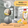A collage of bathroom cleaning scenes and product shots, with a bottle of orange oil cleaner prominently displayed. Produktbild-Vorschau