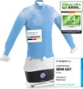 A blue shirt is displayed on a mannequin-like device, with steam emanating from it. Several marketing badges and labels are overlaid on the image. Produktbild-Vorschau
