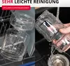 A split image showing a glass jar in a dishwasher on the left and being rinsed under a tap on the right. Anteprima dell’immagine prodotto