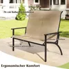 A two-seater garden bench is shown outdoors on a patio, with text highlighting its features. Anteprima dell’immagine prodotto