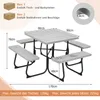 A diagram showing the dimensions of a picnic table set with benches. Produktbild-Vorschau