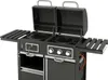 A black gas and charcoal combination grill with its lids open, set against a white background. Produktbild-Vorschau