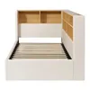 A bed frame with a slatted mattress support and built-in shelving at the headboard. Náhled obrázku produktu