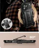 A person wearing a plaid shirt is shown with a black phone case attached to their shoulder via a clip. A second image shows the phone case from the side with its kickstand extended. Náhľad obrázku produktu