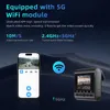 Marketing image showing a dashcam and a smartphone connected via WiFi, highlighting 5G connectivity and high-speed transmission. Produktbild-Vorschau