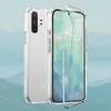 A clear phone case is shown on a light blue and white background with blurred mountain shapes. Produktbild-Vorschau
