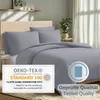 A bed with gray bedding is shown, with certifications displayed in the foreground. Produktbild-Vorschau