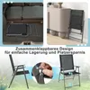 Collage showing a foldable garden chair in different scenarios: folded in a car trunk, standing next to furniture, and in use outdoors with close-ups of its features. Produktbild-Vorschau