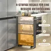 A slim kitchen cart with four shelves is shown next to a refrigerator, with labels indicating its use for spices, canned goods, and drinks. Produktbild-Vorschau