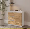 A modern sideboard with wood grain drawers and a white frame, placed in a room with a plant and a lamp. Produktbild-Vorschau