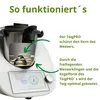 A close-up view of a kitchen appliance with text and arrows explaining its function. Produktbild-Vorschau