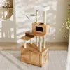 A cat tree with multiple levels and features, including a scratching post, a hideaway box, a hammock, and a feeding station, is placed in a well-lit room with natural light casting shadows. Anteprima dell’immagine prodotto